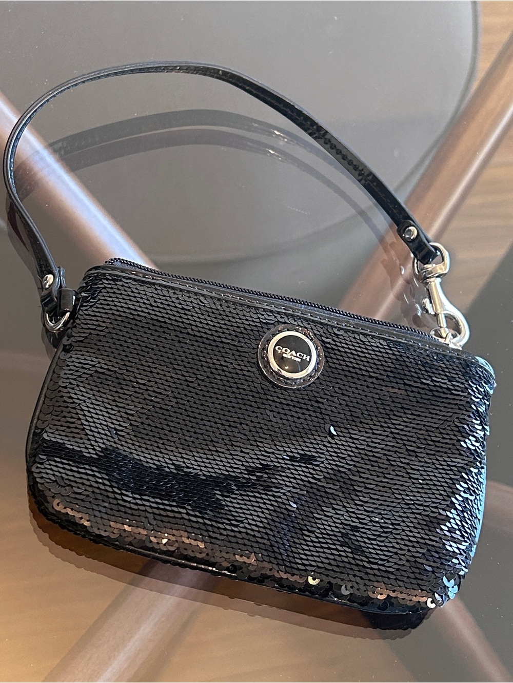 Coach Black Sequin Wristlet with Silver Logo Accent